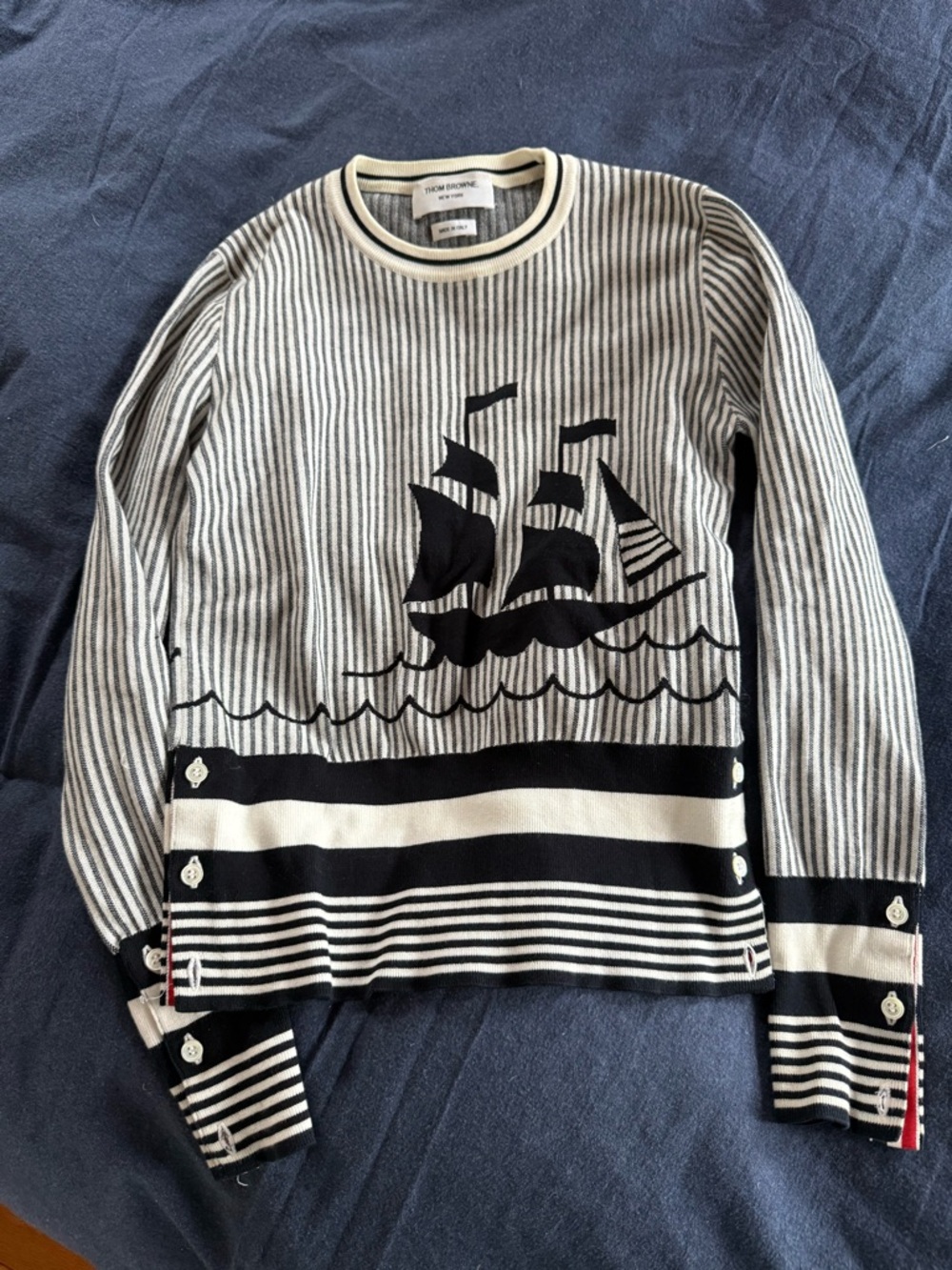 Thom Browne Navy & White Striped Sailboat Knit Sweater